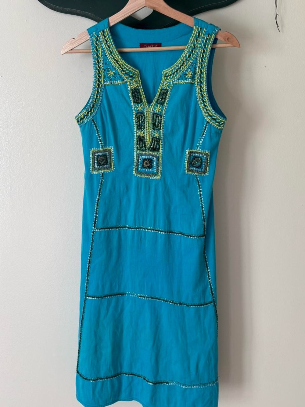 Beaded Turquoise Sleeveless Shift Dress